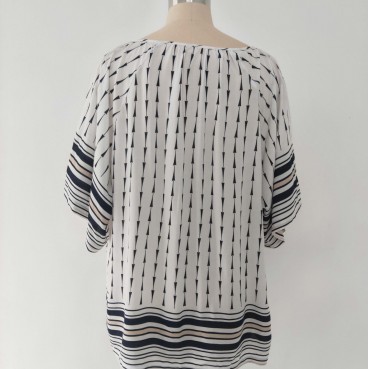 New black and white fashion geometric loose short-sleeved butterfly tassel lace-up women's blouse