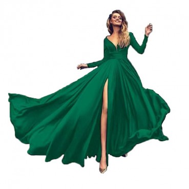 European and American new style solid color high slit big swing dress sexy deep V long sleeve dress MP-267