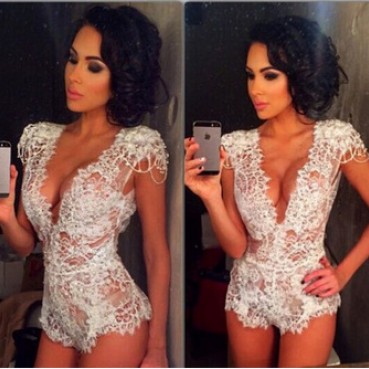 WISH Europe and the United States new nightclub lace jumpsuit Hollow sexy open chest jumpsuit
