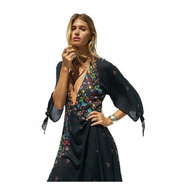 Spring and summer new positioning printing holiday bohemian V-neck three-quarter sleeves big swing dress