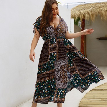 Women's 2021 spring and summer new bohemian short-sleeved lace-up dress