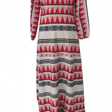 Buttoned European and American leisure vacation triangle print v-neck long-sleeved long dress