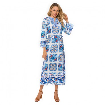 Bohemian Beach Dress European and American Women's Blue and White Porcelain Evening Dress Printed Dress