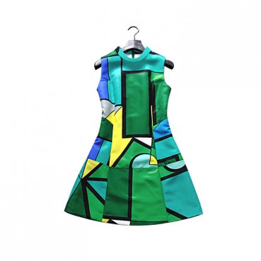 European and American summer new dresses Digital print stand-up collar sleeveless women's A-line dress