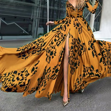Autumn European and American dress sexy deep V-neck long-sleeved long skirt evening dress