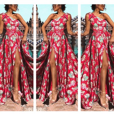 European and American vacation sloping shoulder bowknot long skirt new source printing dress