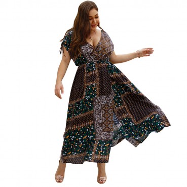 Women's 2021 spring and summer new bohemian short-sleeved lace-up dress