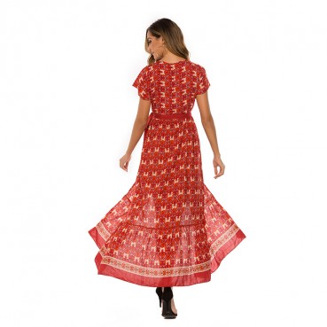 European and American women's summer new style printed split V-neck short-sleeved dress