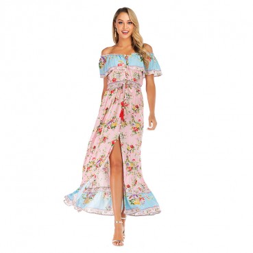Spring and summer new women's clothing bohemian beach holiday style short-sleeved pleated print dress