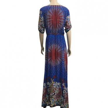 Autumn style print three-quarter sleeve elastic waist big V-neck big swing dress