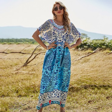 2021 new European and American women's loose large size printed dress women's casual blouse