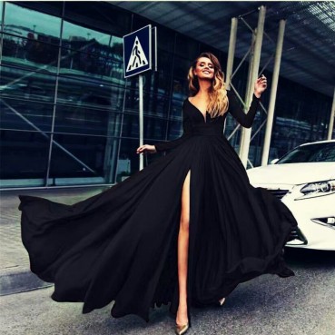 European and American new style solid color high slit big swing dress sexy deep V long sleeve dress MP-267