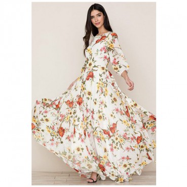 Spring and Autumn Women's New Style Bohemian Printed Chiffon Long Skirt Round Neck Sleeve Large Sleeve Waist Waist Dress