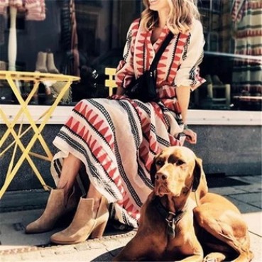 Buttoned European and American leisure vacation triangle print v-neck long-sleeved long dress
