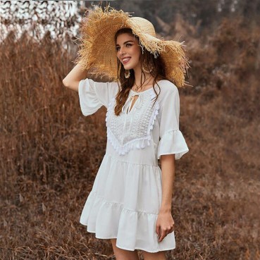 New year's new solid color stitching ruffled fringed neckline lace flared sleeve dress MP-642