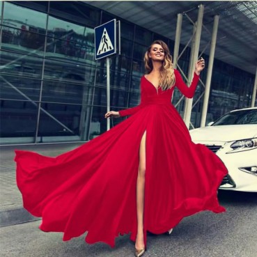 European and American new style solid color high slit big swing dress sexy deep V long sleeve dress MP-267