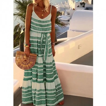 European and American new style women's bohemian style deep V-neck printed beach holiday style suspender skirt