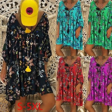 Fashion casual big V butterfly print nine-point sleeve dress