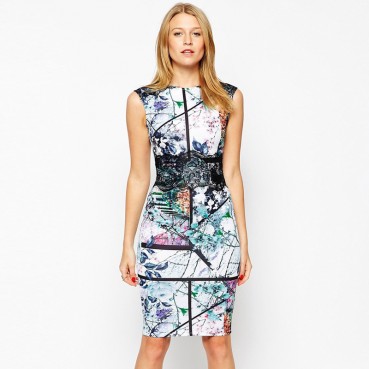New trendy temperament women's dress, lace print bag hip slim dress, pencil skirt