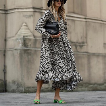 New Women's Long Skirt Leopard Print Long Sleeve V-Neck Loose Dress