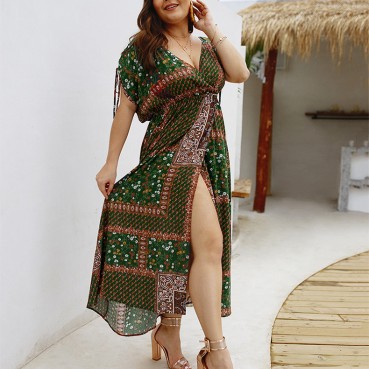Women's 2021 spring and summer new bohemian short-sleeved lace-up dress