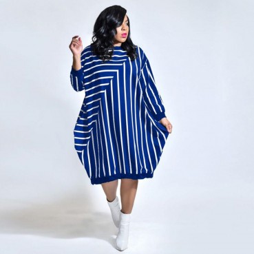 Autumn new independent stand European and American striped loose large size long-sleeved pocket dress