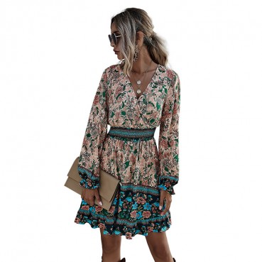 European and American women's high waist ruffled A-line skirt casual temperament bohemian print dress