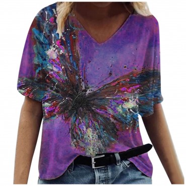 Spring and summer new hot color graffiti painting printing v-neck short-sleeved T-shirt top
