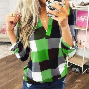 European and American women's hot sale spring and autumn shirts plaid printed V-neck long-sleeved tops T-shirts