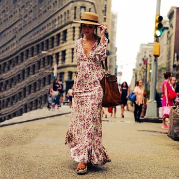 New bohemian rayon printed floral ruffled deep V-neck and large hem long dress 116