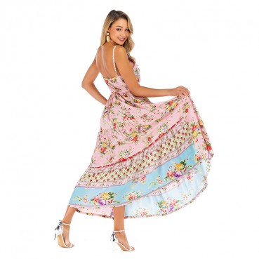 Spring and summer new women's dress with bohemian beach holiday style pleated print suspender dress
