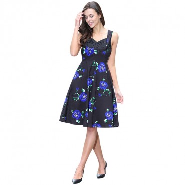 Summer European and American Hepburn style rose print v-neck wrap chest sleeveless pleated skirt dress