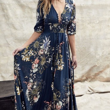 European and American Bohemian Printed V-neck Buttons Three-quarter Sleeves Large Sleeve Dress Long Dress