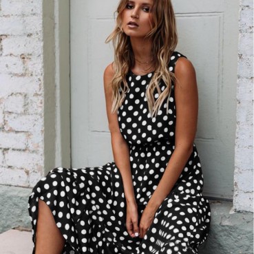 New Summer Beach Fashion All-match Print Polka Dot Round Neck and Swing Long Dress