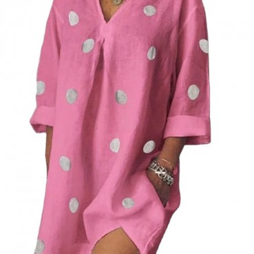 Spring and summer linen loose V-neck print nine-quarter sleeves slit dress