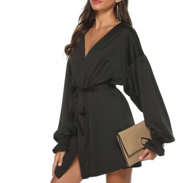 European and American sexy puff sleeve v-neck long-sleeved blouse lace dress for women