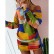 Spot the new European and American women's color contrast printing round neck long-sleeved dress