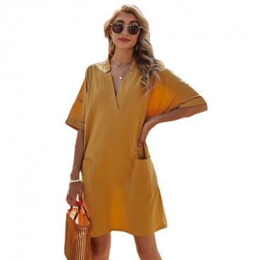 2021 European and American women's solid color V-neck akimbo a-line skirt bag casual loose dress women