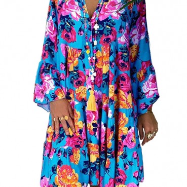 New style printed long-sleeved large-length dress European and American women's fashion plus size dress