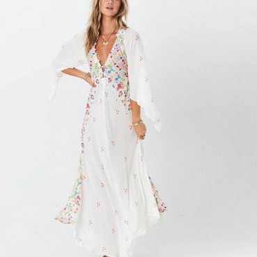 Spring and summer new positioning printing holiday bohemian V-neck three-quarter sleeves big swing dress