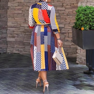 South American spring and summer new dresses, African models, digital printing, bow tie, three-quarter sleeves, mid-length dress