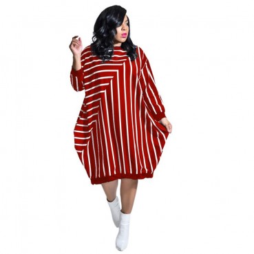 Autumn new independent stand European and American striped loose large size long-sleeved pocket dress