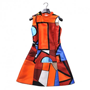 European and American summer new dresses Digital print stand-up collar sleeveless women's A-line dress