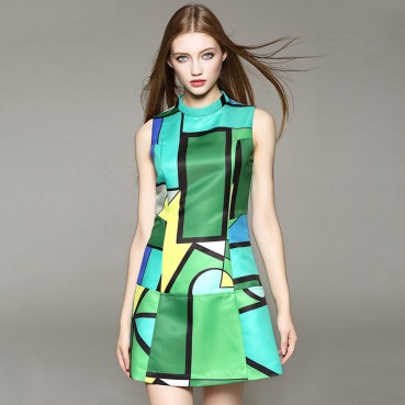 European and American summer new dresses Digital print stand-up collar sleeveless women's A-line dress