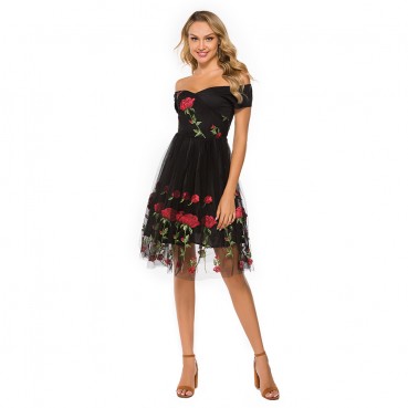 New evening dress heavy industry embroidery rose lace mesh stitching mid-length dress