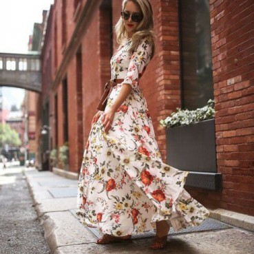 Spring and Autumn Women's New Style Bohemian Printed Chiffon Long Skirt Round Neck Sleeve Large Sleeve Waist Waist Dress