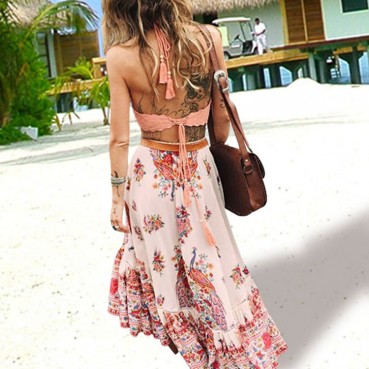 Retro palace print peacock line big irregular skirt