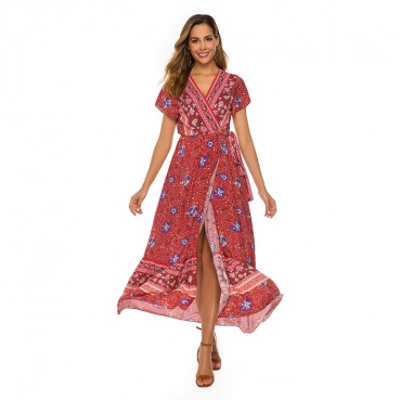 European and American spring and summer dress sexy V-neck bohemian cardigan waist printed female dress