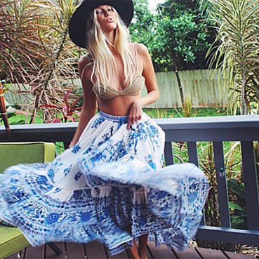 Retro palace print peacock line big irregular skirt