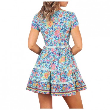 Summer new style women's European and American sexy v-neck floral print beach dress